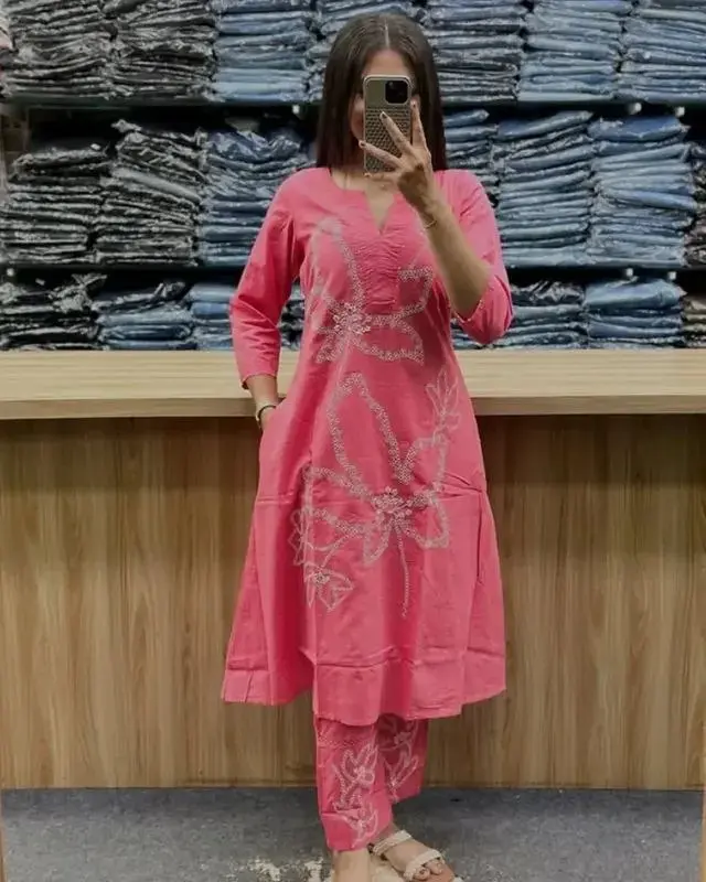 🌸 Elegant pink cotton Kurti set (s, yellow)